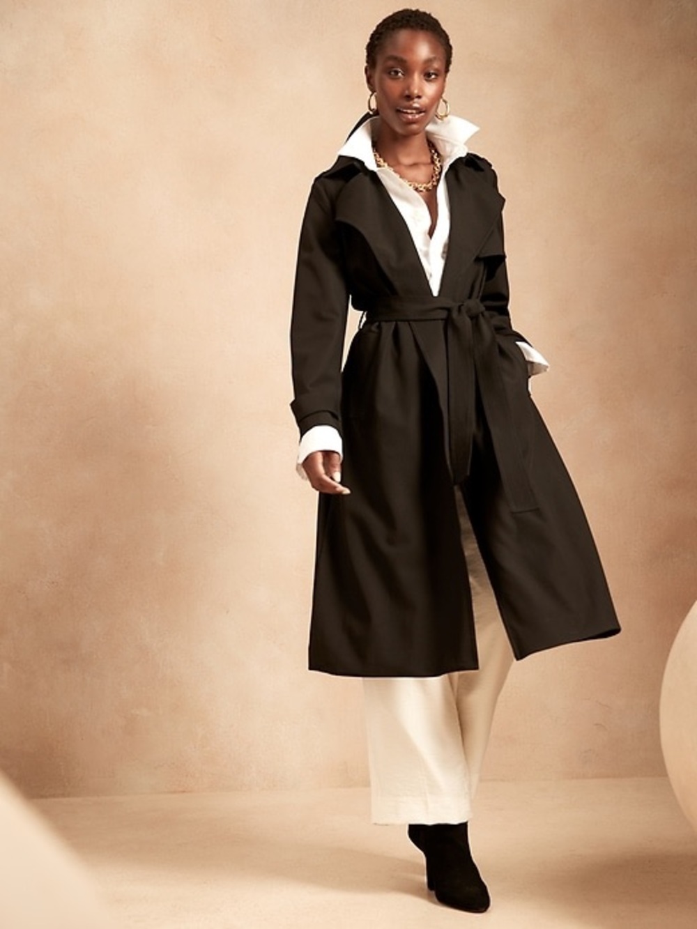 Banana Republic Classic Black Soft Trench Coat Tie Belt Women's Petite Large